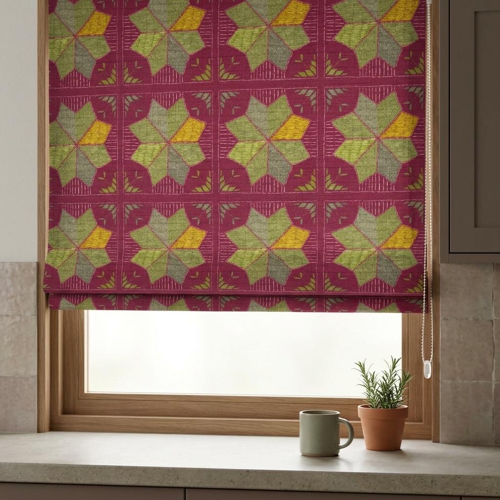 Custom Roman Shade, Raspberry Red Cotton Linen Blind, Olive Green Geometric Boho Window Treatment, Blackout or Light Filtering — image 6