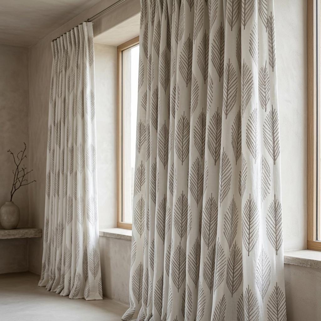 White Linen Curtains with Taupe Gray Palm Leaf Embroidery, Custom Botanical Drapes, Blackout or Light Filtering — image 4