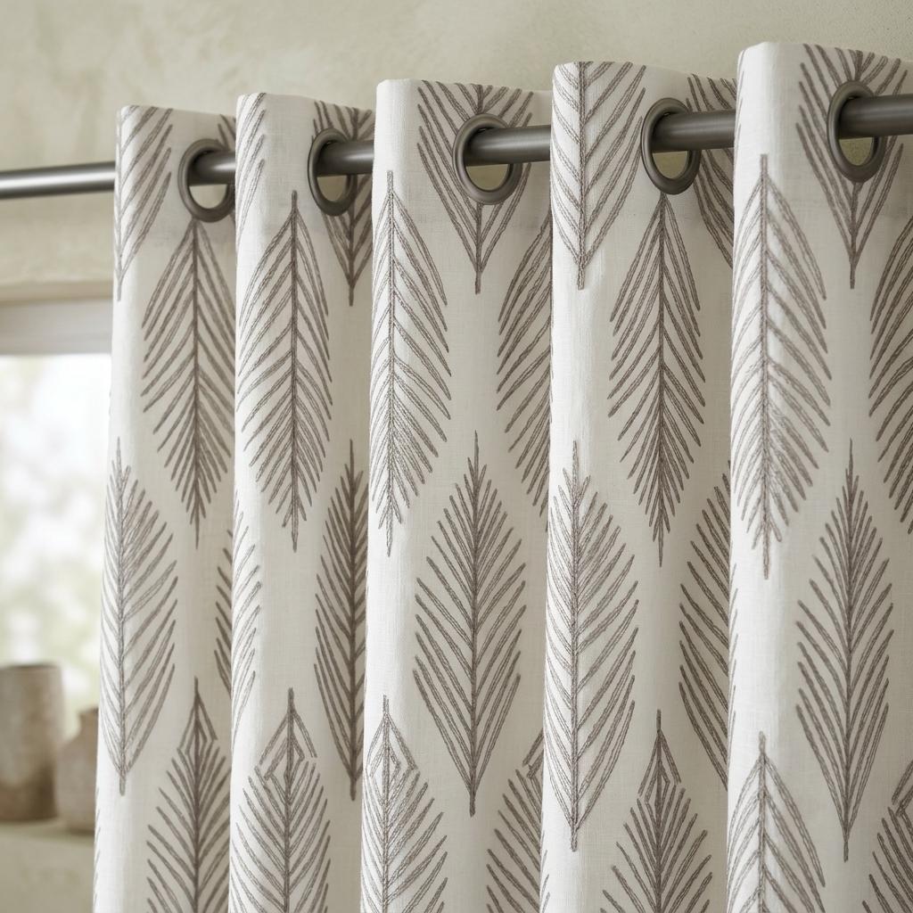 White Linen Curtains with Taupe Gray Palm Leaf Embroidery, Custom Botanical Drapes, Blackout or Light Filtering — image 6