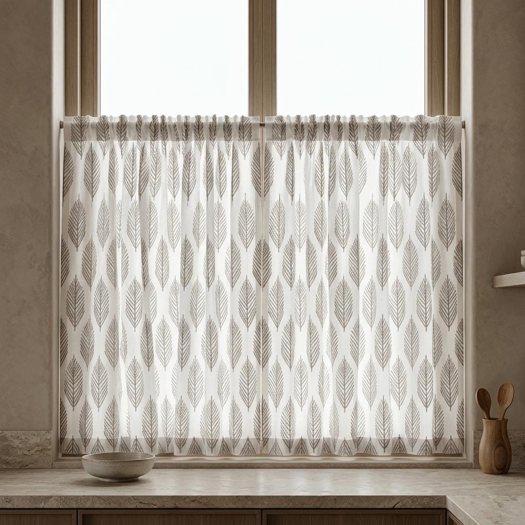 White Linen Curtains with Taupe Gray Palm Leaf Embroidery, Custom Botanical Drapes, Blackout or Light Filtering — image 8