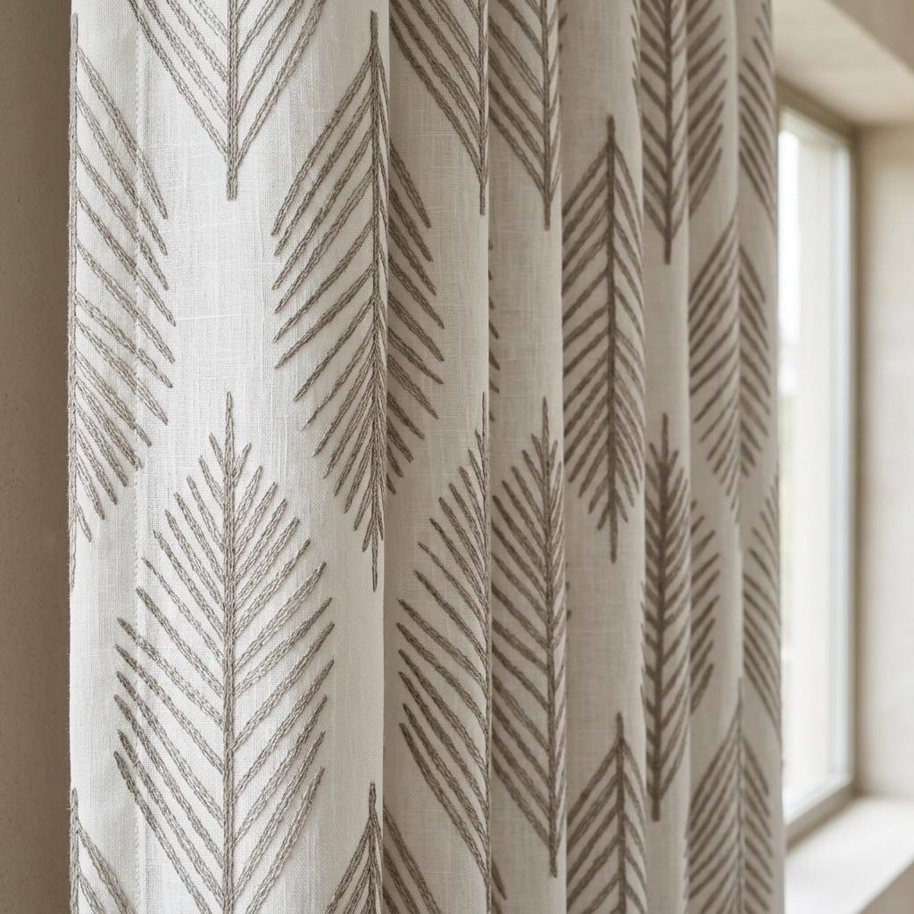 White Linen Curtains with Taupe Gray Palm Leaf Embroidery, Custom Botanical Drapes, Blackout or Light Filtering — image 1