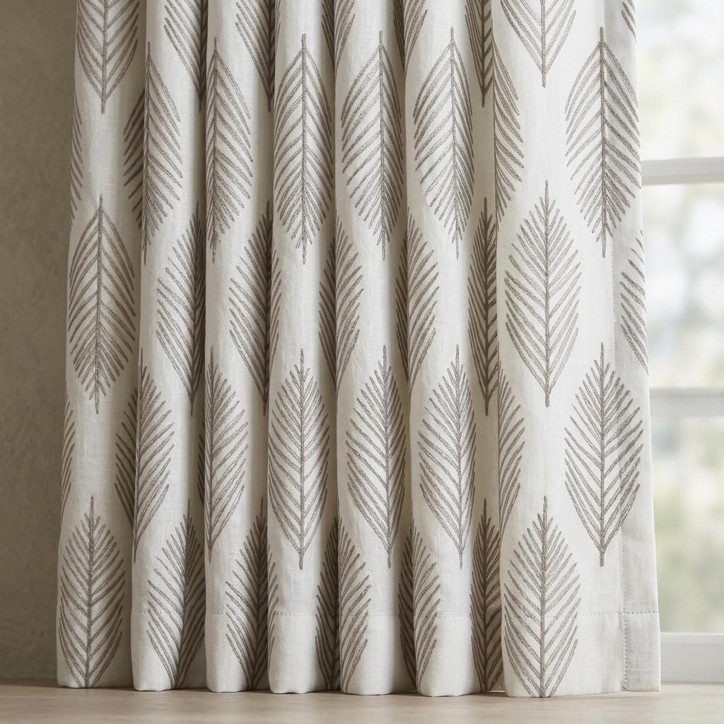 White Linen Curtains with Taupe Gray Palm Leaf Embroidery, Custom Botanical Drapes, Blackout or Light Filtering — image 5