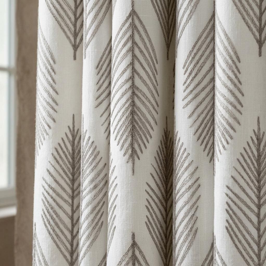 White Linen Curtains with Taupe Gray Palm Leaf Embroidery, Custom Botanical Drapes, Blackout or Light Filtering — image 7