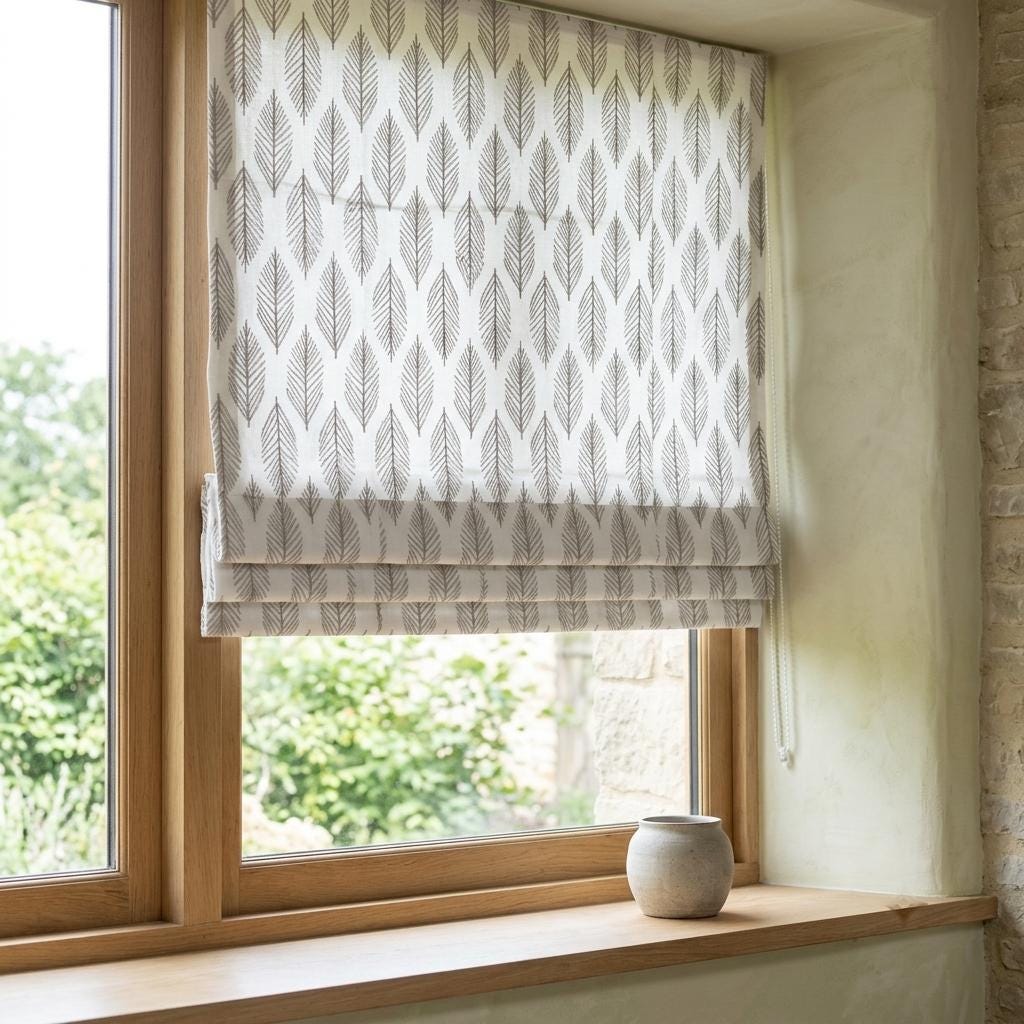 Taupe Fern Embroidered Pure Linen Roman Shade: Ivory Custom Botanical Window Blind, Blackout or Light-Filtering — image 4