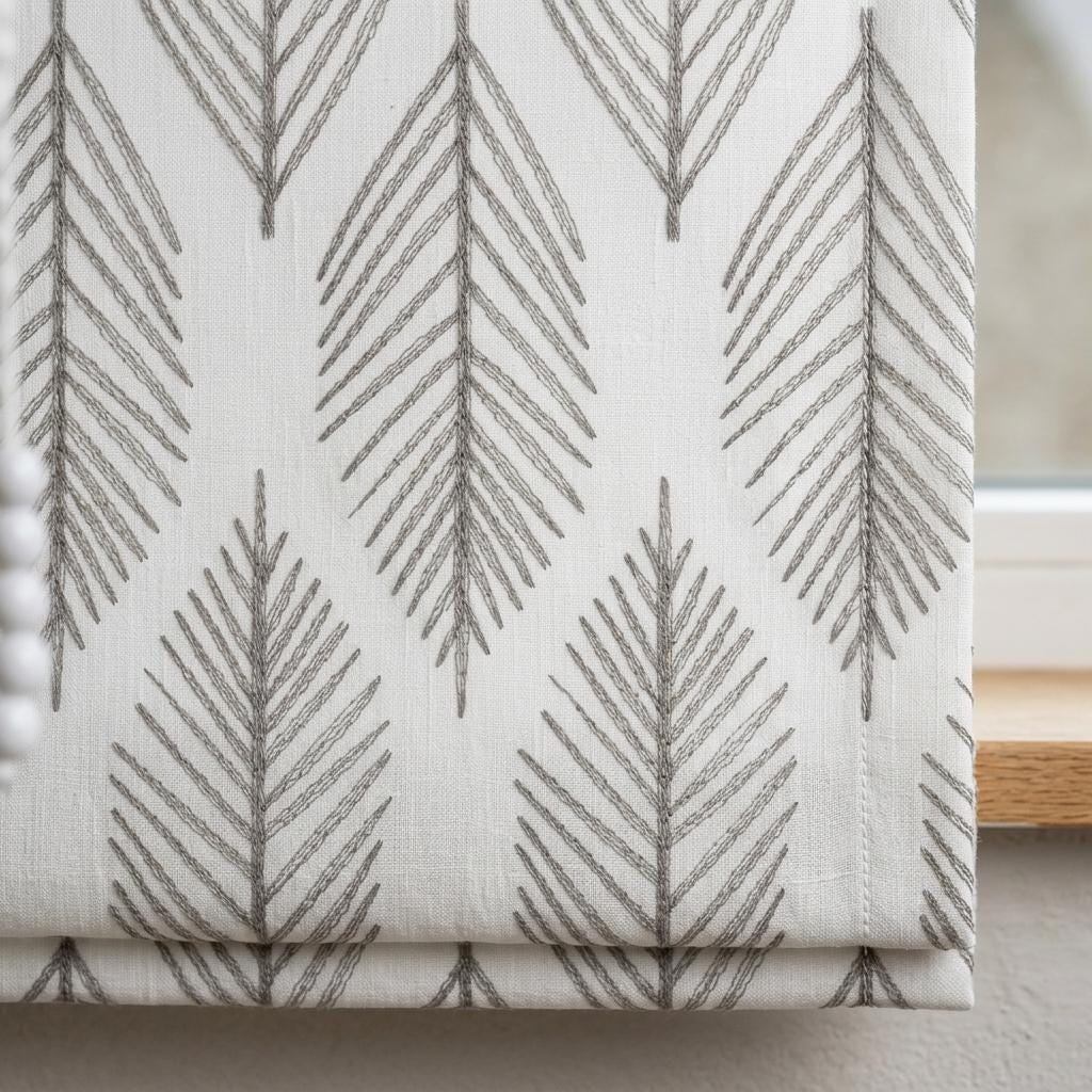 Taupe Fern Embroidered Pure Linen Roman Shade: Ivory Custom Botanical Window Blind, Blackout or Light-Filtering — image 3