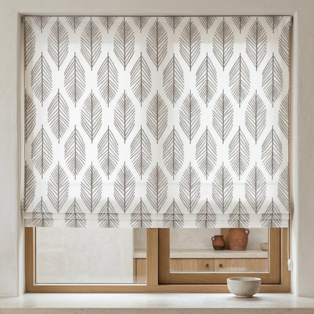 Taupe Fern Embroidered Pure Linen Roman Shade: Ivory Custom Botanical Window Blind, Blackout or Light-Filtering — image 5