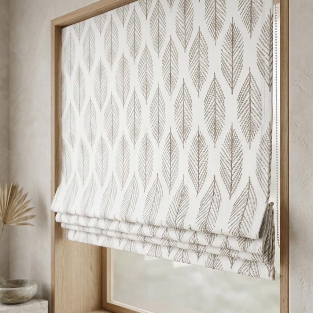 Taupe Fern Embroidered Pure Linen Roman Shade: Ivory Custom Botanical Window Blind, Blackout or Light-Filtering — image 6