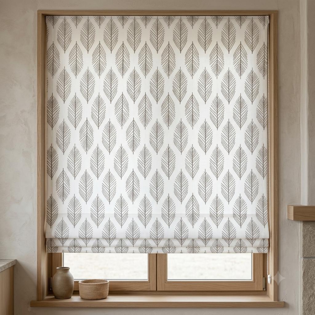 Taupe Fern Embroidered Pure Linen Roman Shade: Ivory Custom Botanical Window Blind, Blackout or Light-Filtering — image 7
