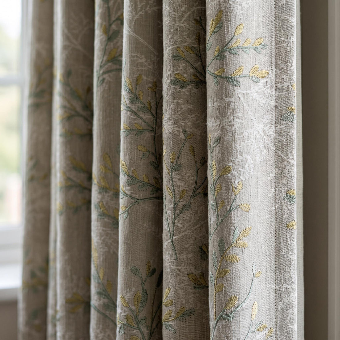 Natural Oatmeal Linen Curtains, Aqua Yellow Botanical Embroidered Drapes, Custom Blackout or Light Filtering Panels — image 1