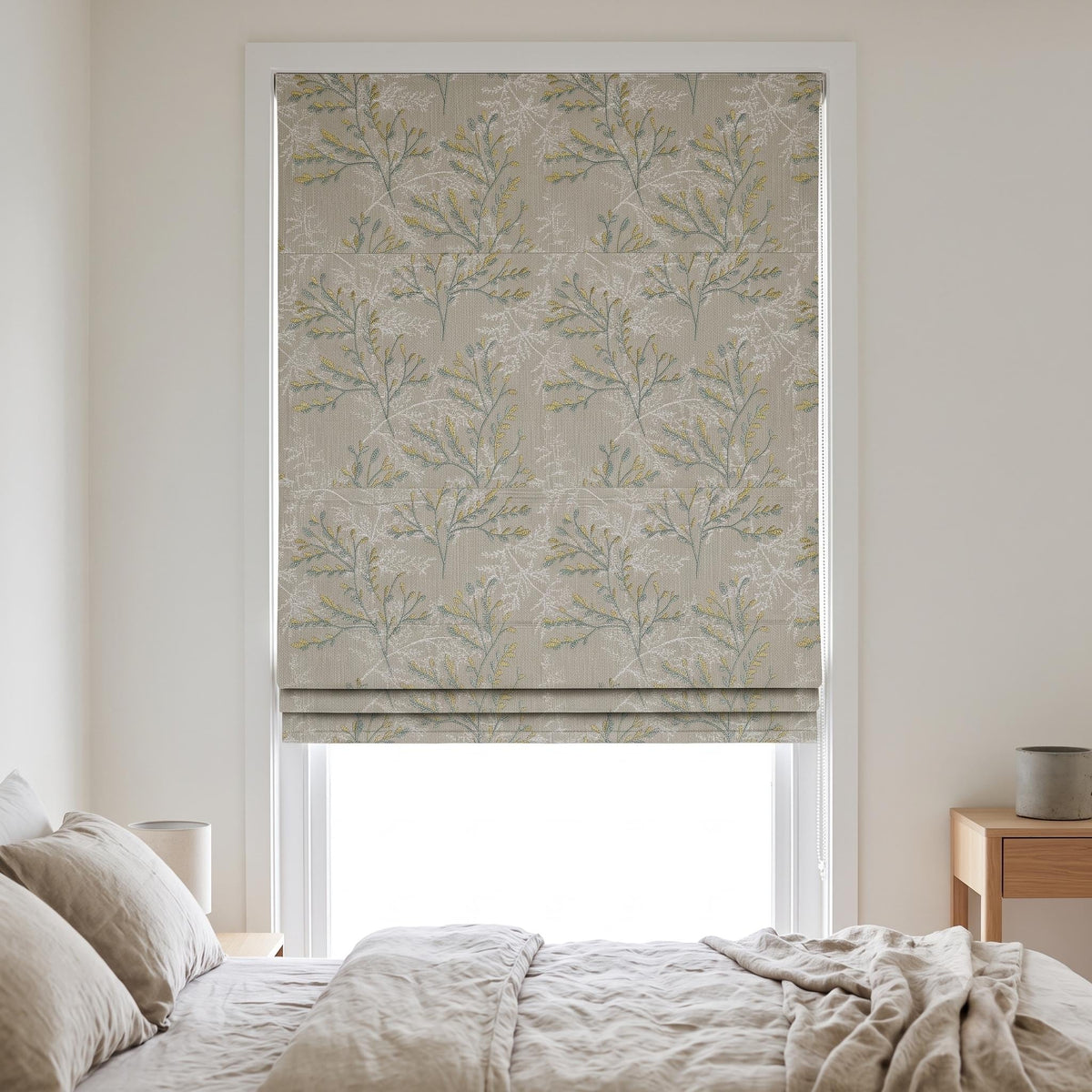 Custom Roman Shades, Oatmeal Linen Botanical Embroidered Roman Blind, Blackout Corded Window Treatment, Sage Yellow Leaf Shade — image 3