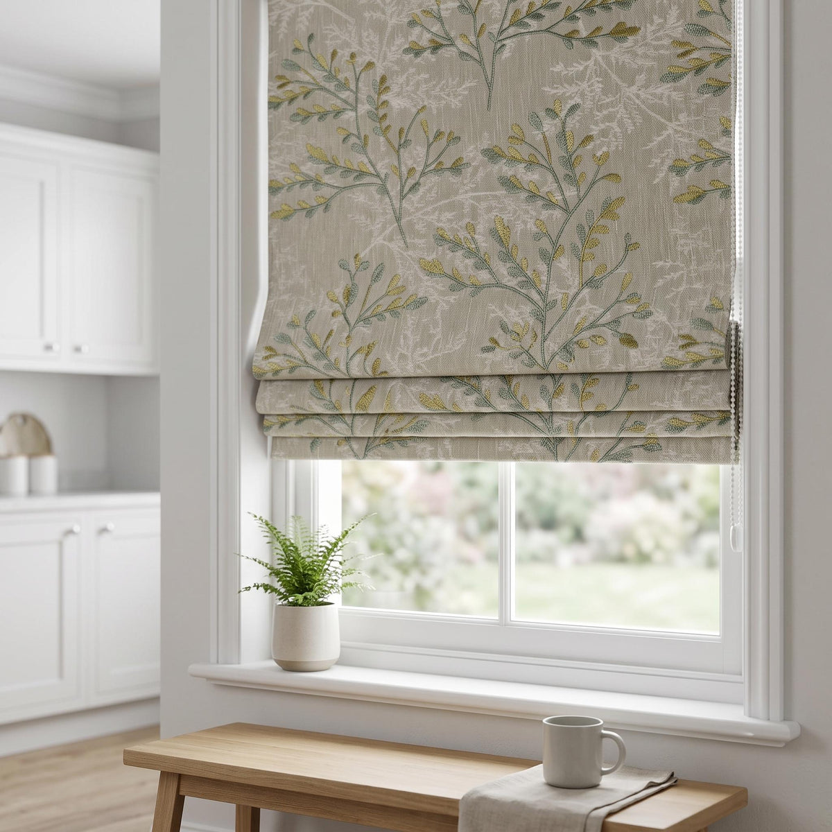 Custom Roman Shades, Oatmeal Linen Botanical Embroidered Roman Blind, Blackout Corded Window Treatment, Sage Yellow Leaf Shade — image 5