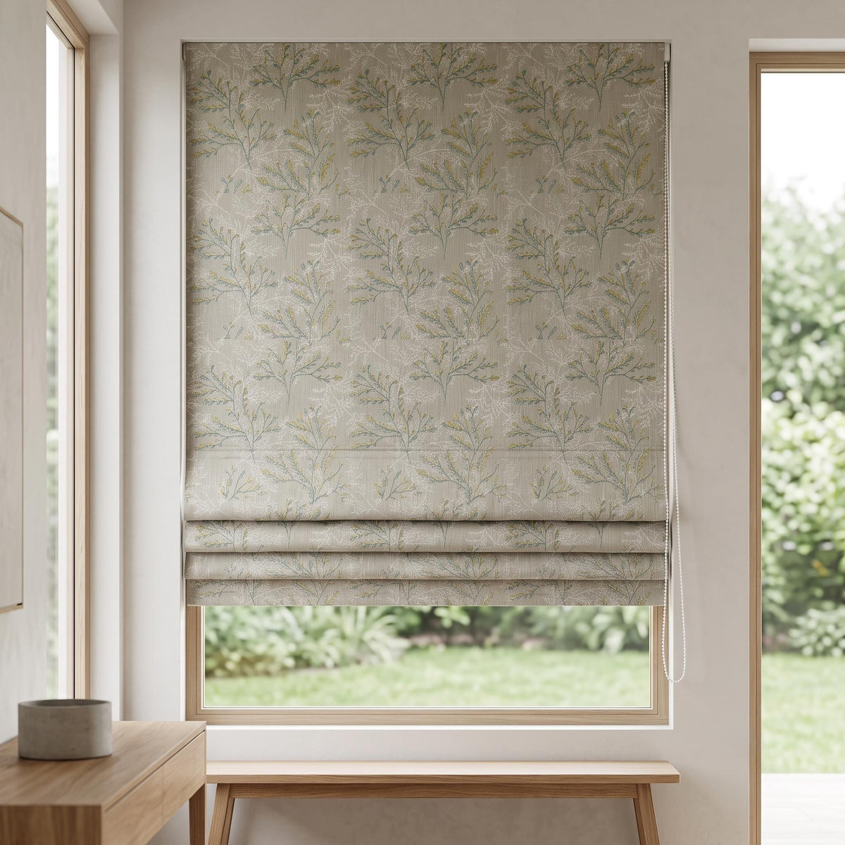 Custom Roman Shades, Oatmeal Linen Botanical Embroidered Roman Blind, Blackout Corded Window Treatment, Sage Yellow Leaf Shade — image 6