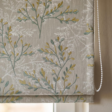 Custom Roman Shades, Oatmeal Linen Botanical Embroidered Roman Blind, Blackout Corded Window Treatment, Sage Yellow Leaf Shade — image 1