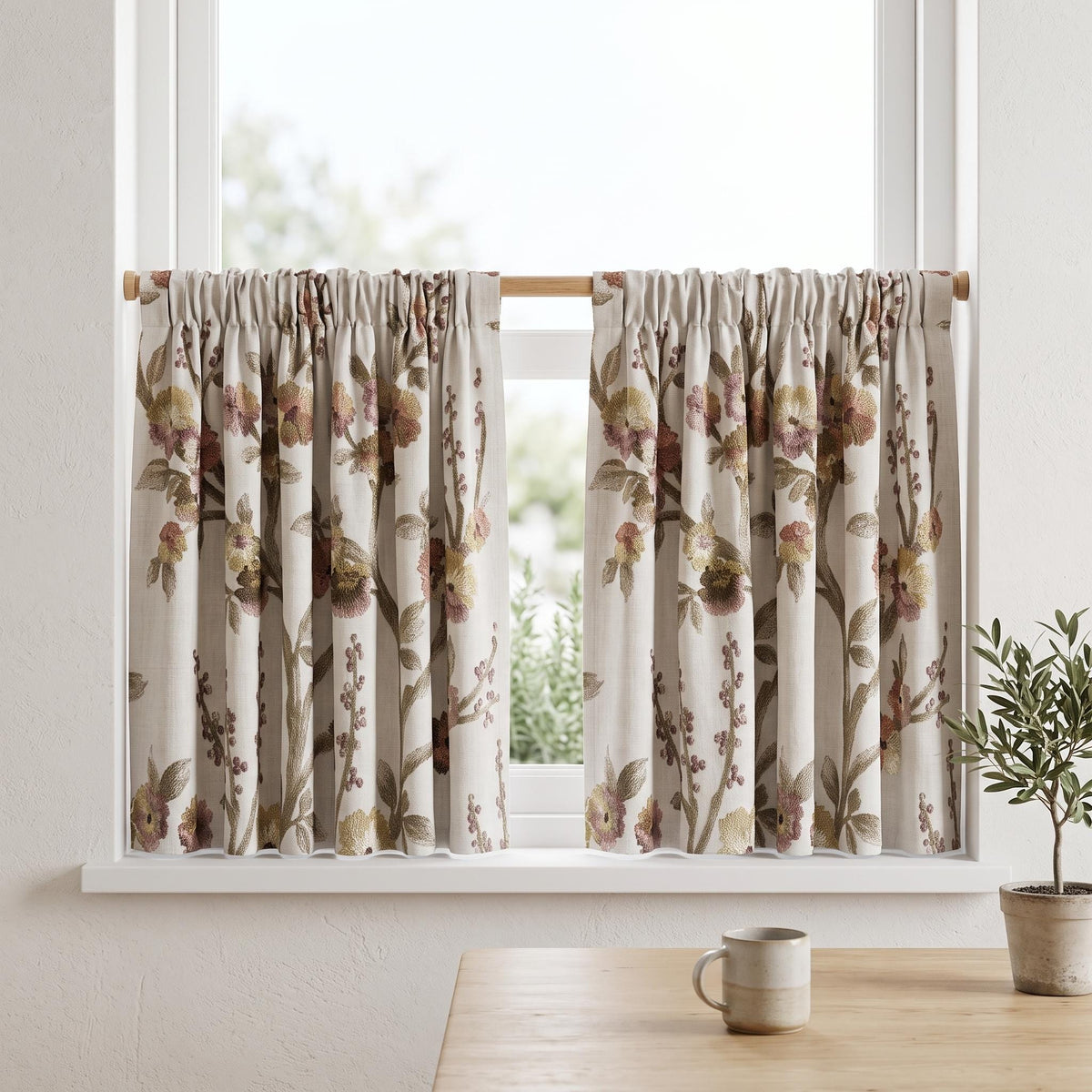 Natural Oatmeal Floral Linen Curtains, Taupe Mauve Embroidered Botanical Drapes, Custom Blackout or Sheer Panels — image 7