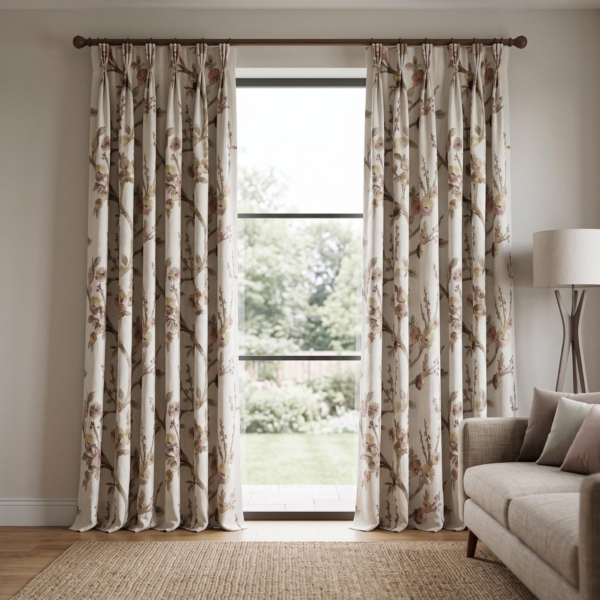 Natural Oatmeal Floral Linen Curtains, Taupe Mauve Embroidered Botanical Drapes, Custom Blackout or Sheer Panels — image 6