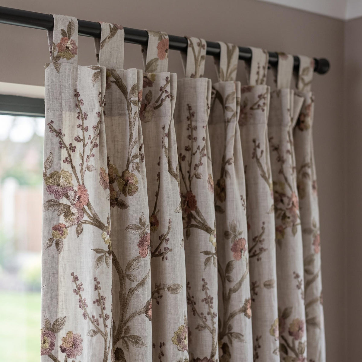Natural Oatmeal Floral Linen Curtains, Taupe Mauve Embroidered Botanical Drapes, Custom Blackout or Sheer Panels — image 9