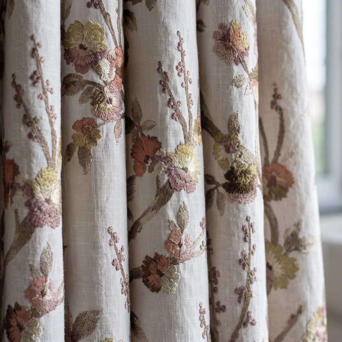 Natural Oatmeal Floral Linen Curtains, Taupe Mauve Embroidered Botanical Drapes, Custom Blackout or Sheer Panels — image 3