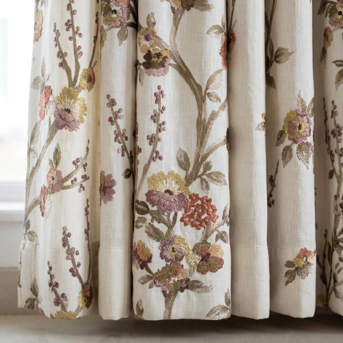 Natural Oatmeal Floral Linen Curtains, Taupe Mauve Embroidered Botanical Drapes, Custom Blackout or Sheer Panels — image 10