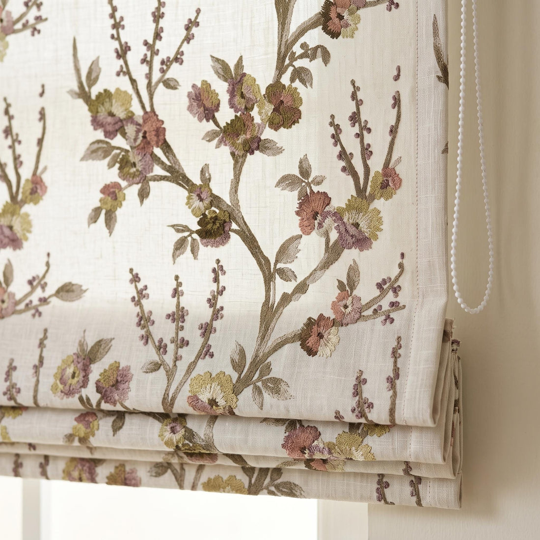 Custom Roman Shades, Oatmeal Mauve Floral Embroidered Linen Roman Blind, Blackout Corded Window Treatment, Cottage Blind — image 1