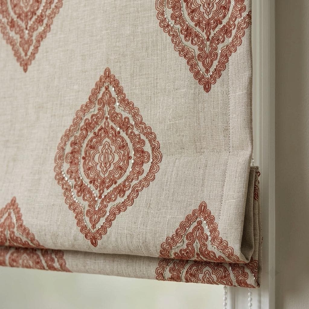Rust Terracotta Linen Roman Shade, Natural Beige Embroidered Damask Blind, Custom Blackout or Light Filtering — image 1