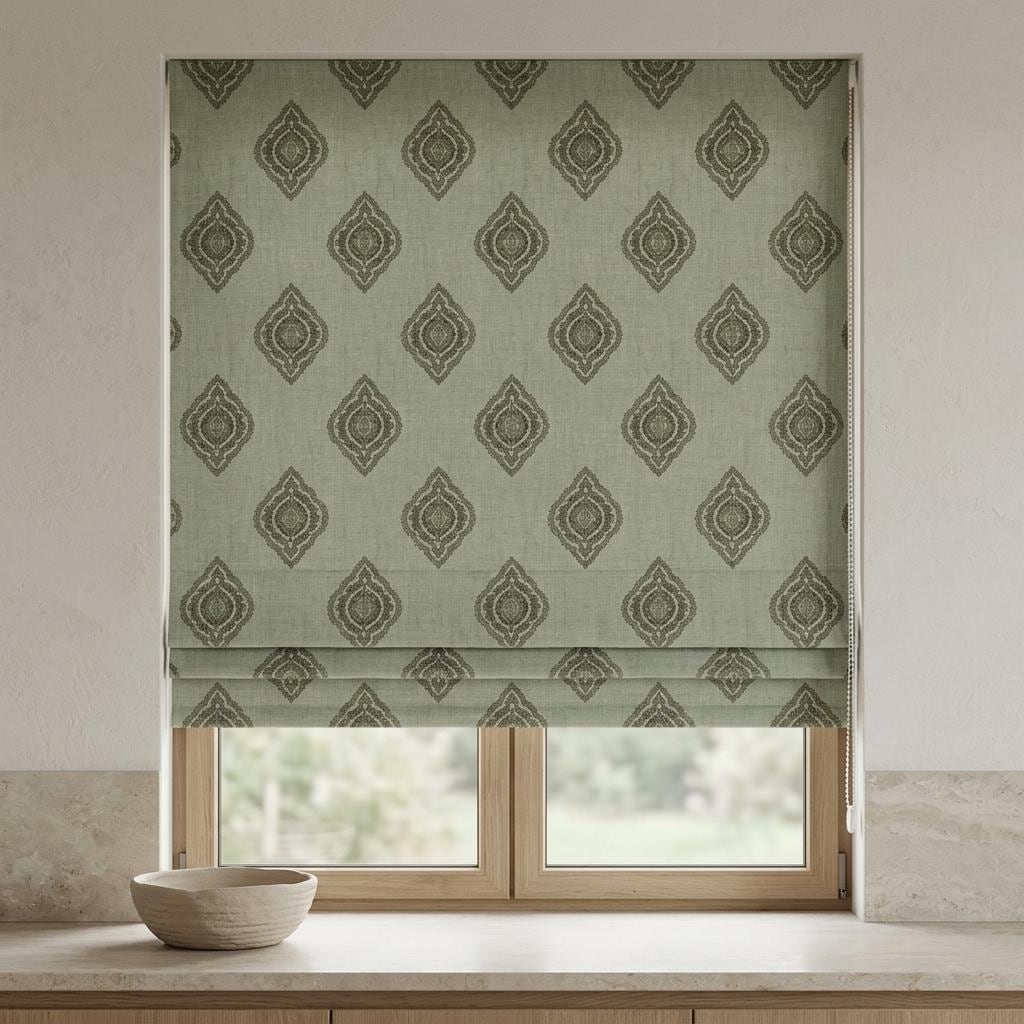 Sage Green Linen Roman Shade, Olive Damask Embroidered Custom Blind, Blackout or Light Filtering Shade — image 6