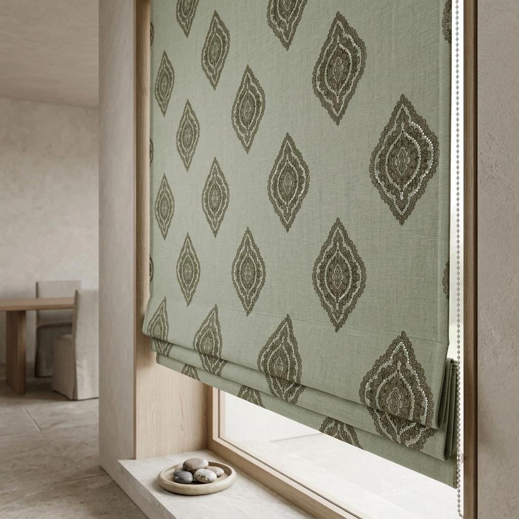 Sage Green Linen Roman Shade, Olive Damask Embroidered Custom Blind, Blackout or Light Filtering Shade — image 4