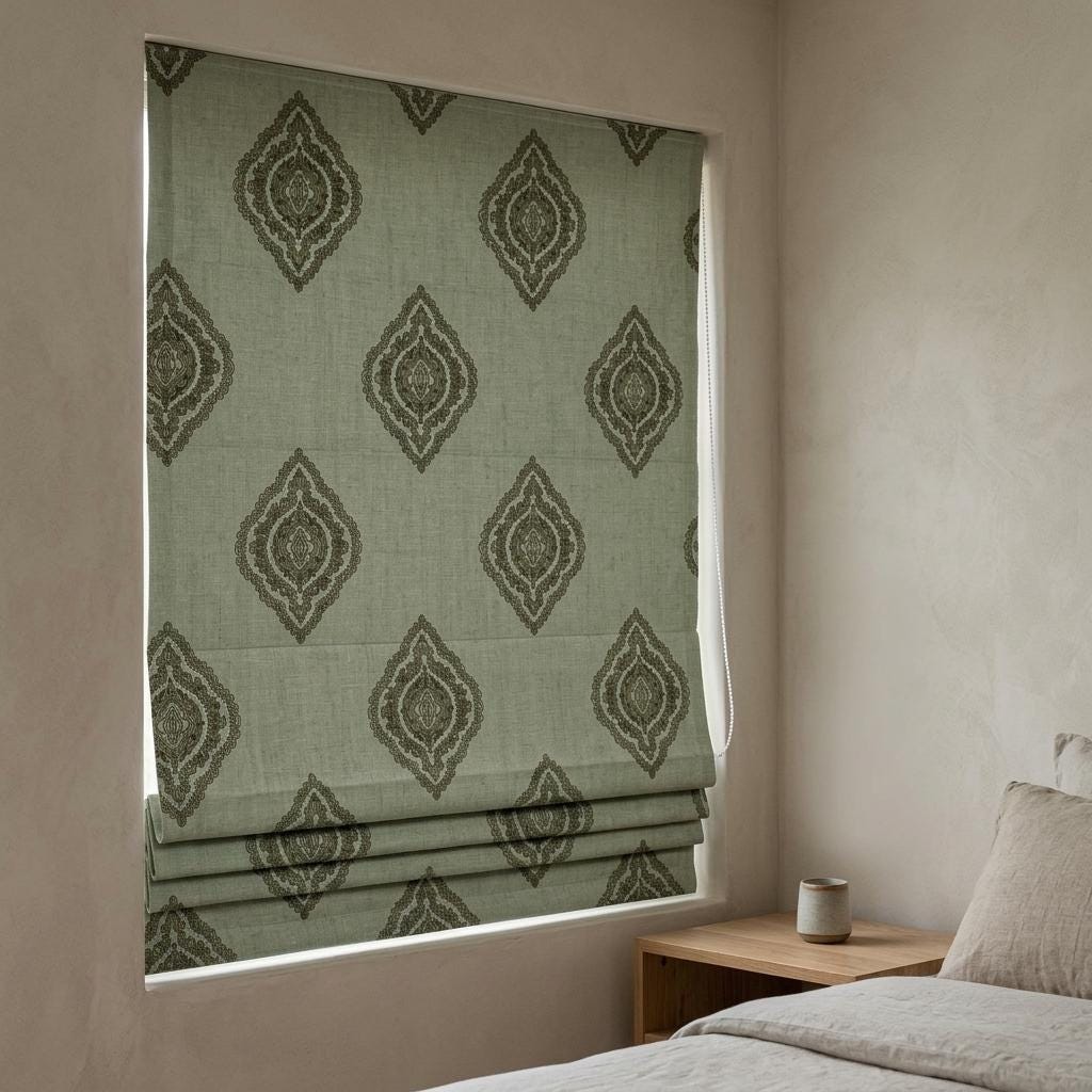 Sage Green Linen Roman Shade, Olive Damask Embroidered Custom Blind, Blackout or Light Filtering Shade — image 9