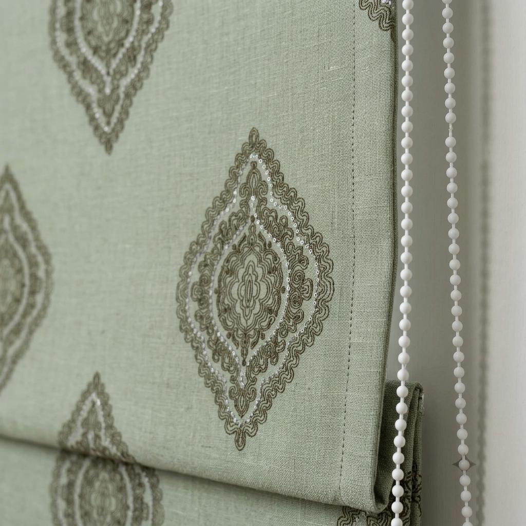 Sage Green Linen Roman Shade, Olive Damask Embroidered Custom Blind, Blackout or Light Filtering Shade — image 8