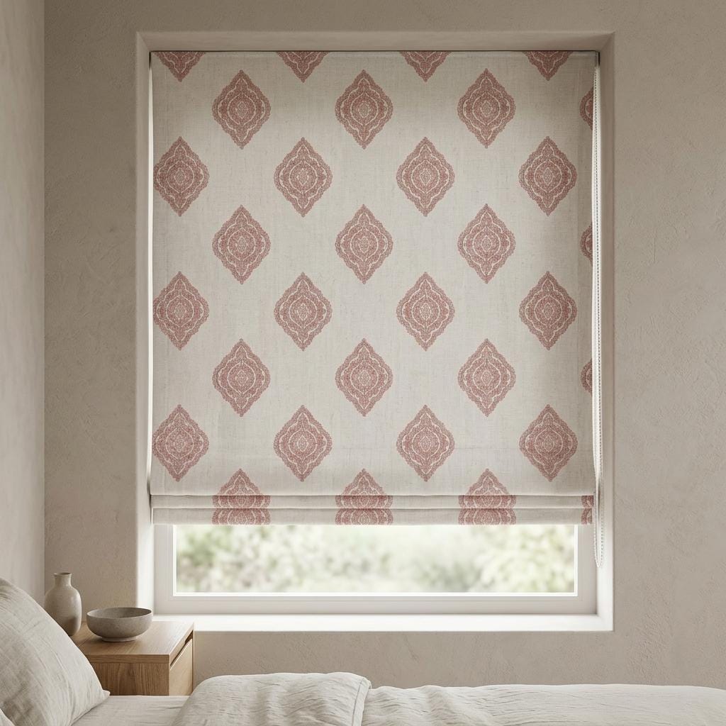 Blush Pink Embroidered Pure Linen Roman Shade, Ivory Damask Custom Window Blind, Blackout or Light Filtering — image 3