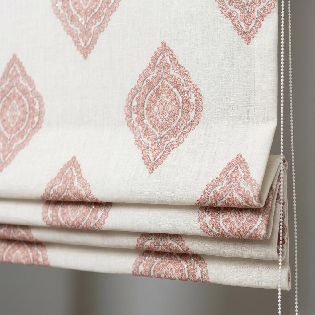 Blush Pink Embroidered Pure Linen Roman Shade, Ivory Damask Custom Window Blind, Blackout or Light Filtering — image 1