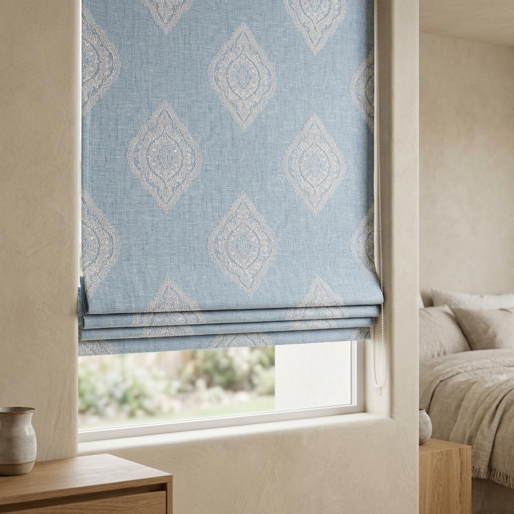 Powder Blue Custom Roman Shade, Ivory Damask Embroidered Linen Blind, Blackout or Light Filtering Window Shade — image 6