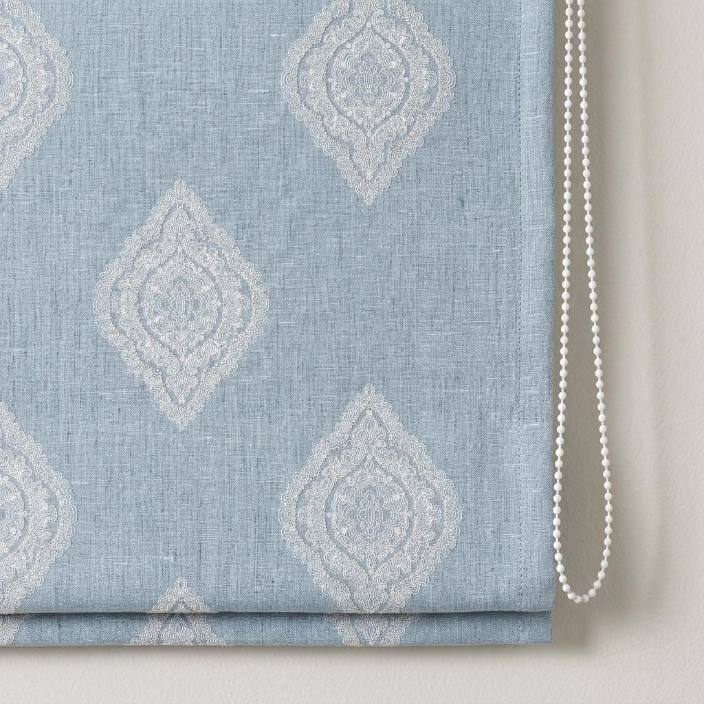 Powder Blue Custom Roman Shade, Ivory Damask Embroidered Linen Blind, Blackout or Light Filtering Window Shade — image 7