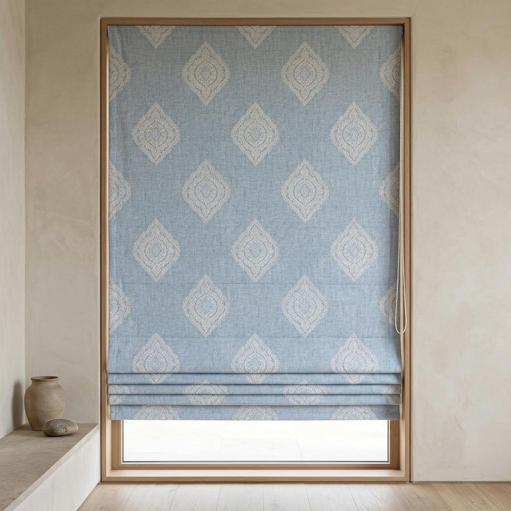 Powder Blue Custom Roman Shade, Ivory Damask Embroidered Linen Blind, Blackout or Light Filtering Window Shade — image 9