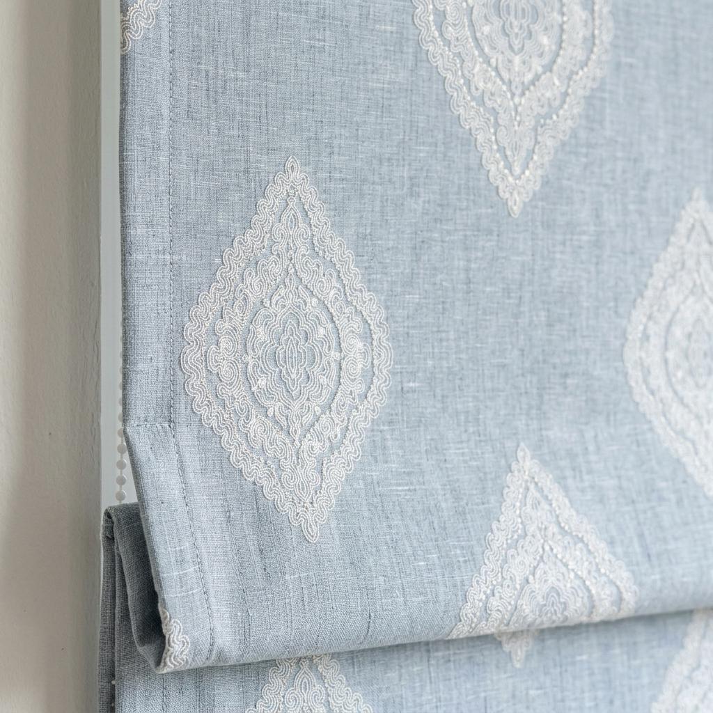 Powder Blue Custom Roman Shade, Ivory Damask Embroidered Linen Blind, Blackout or Light Filtering Window Shade — image 8