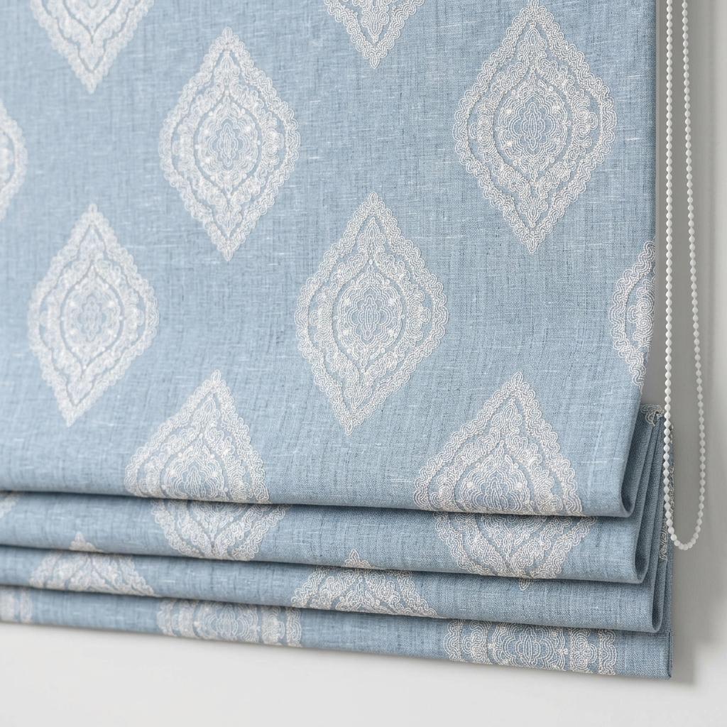 Powder Blue Custom Roman Shade, Ivory Damask Embroidered Linen Blind, Blackout or Light Filtering Window Shade — image 1