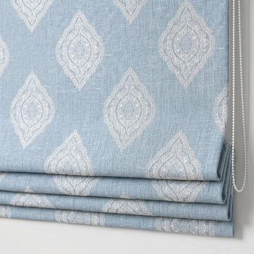 Powder Blue Custom Roman Shade, Ivory Damask Embroidered Linen Blind, Blackout or Light Filtering Window Shade — image 1