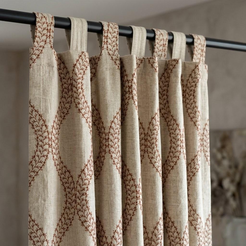 Natural Oatmeal Linen Curtains, Rust Vine Embroidered Trellis Drapes, Custom Blackout or Sheer Panels — image 4