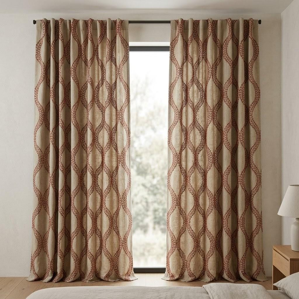 Natural Oatmeal Linen Curtains, Rust Vine Embroidered Trellis Drapes, Custom Blackout or Sheer Panels — image 3