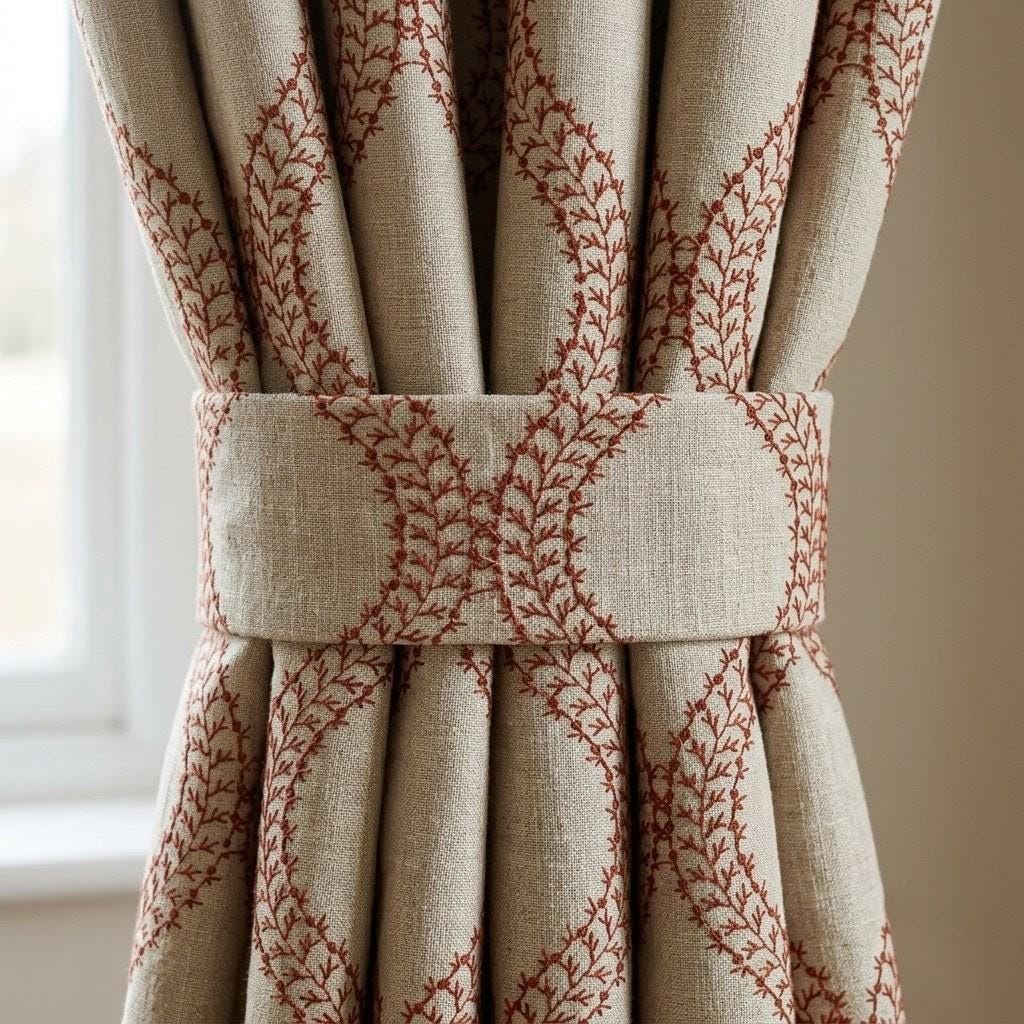 Natural Oatmeal Linen Curtains, Rust Vine Embroidered Trellis Drapes, Custom Blackout or Sheer Panels — image 2