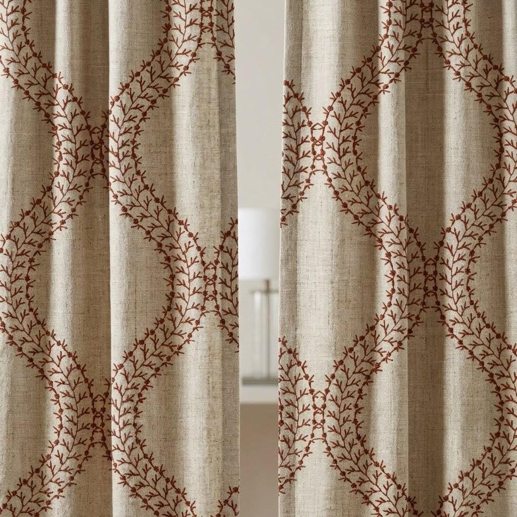 Natural Oatmeal Linen Curtains, Rust Vine Embroidered Trellis Drapes, Custom Blackout or Sheer Panels — image 10