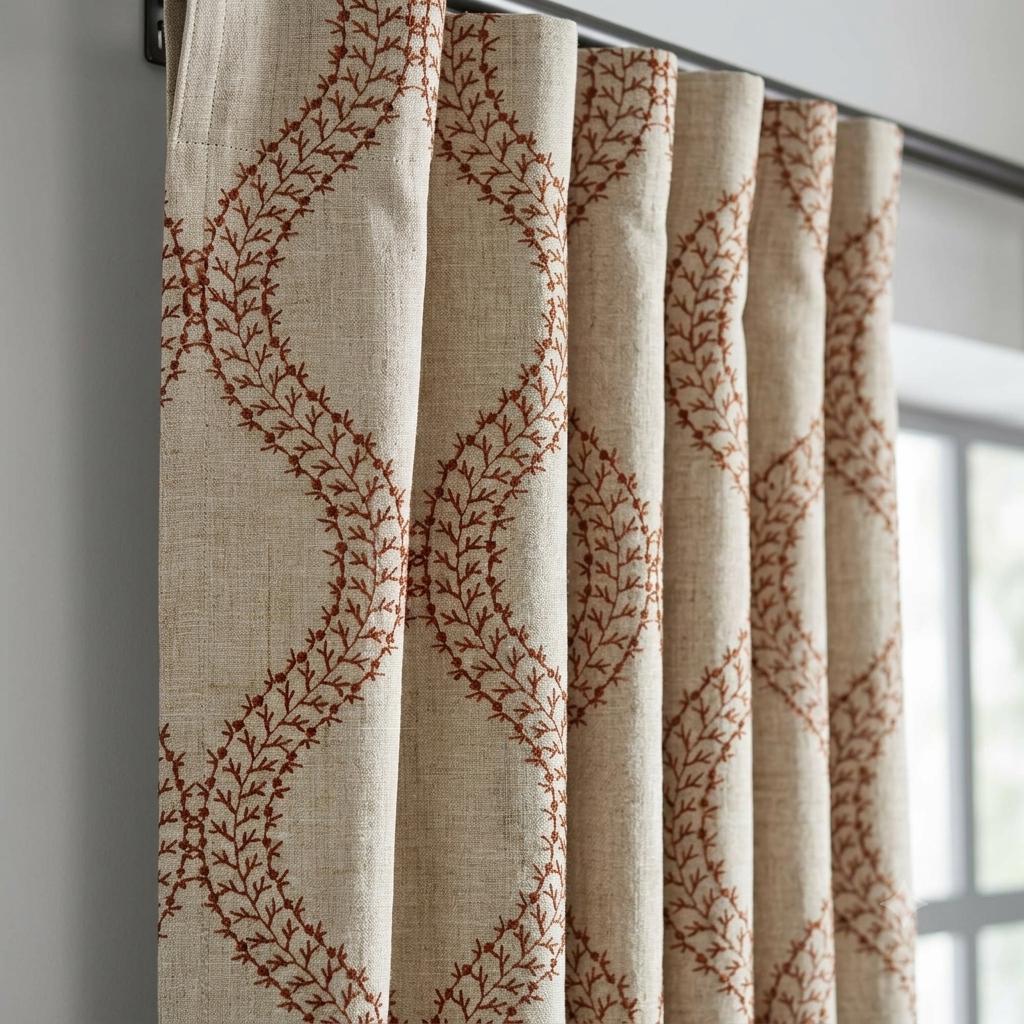 Natural Oatmeal Linen Curtains, Rust Vine Embroidered Trellis Drapes, Custom Blackout or Sheer Panels — image 9