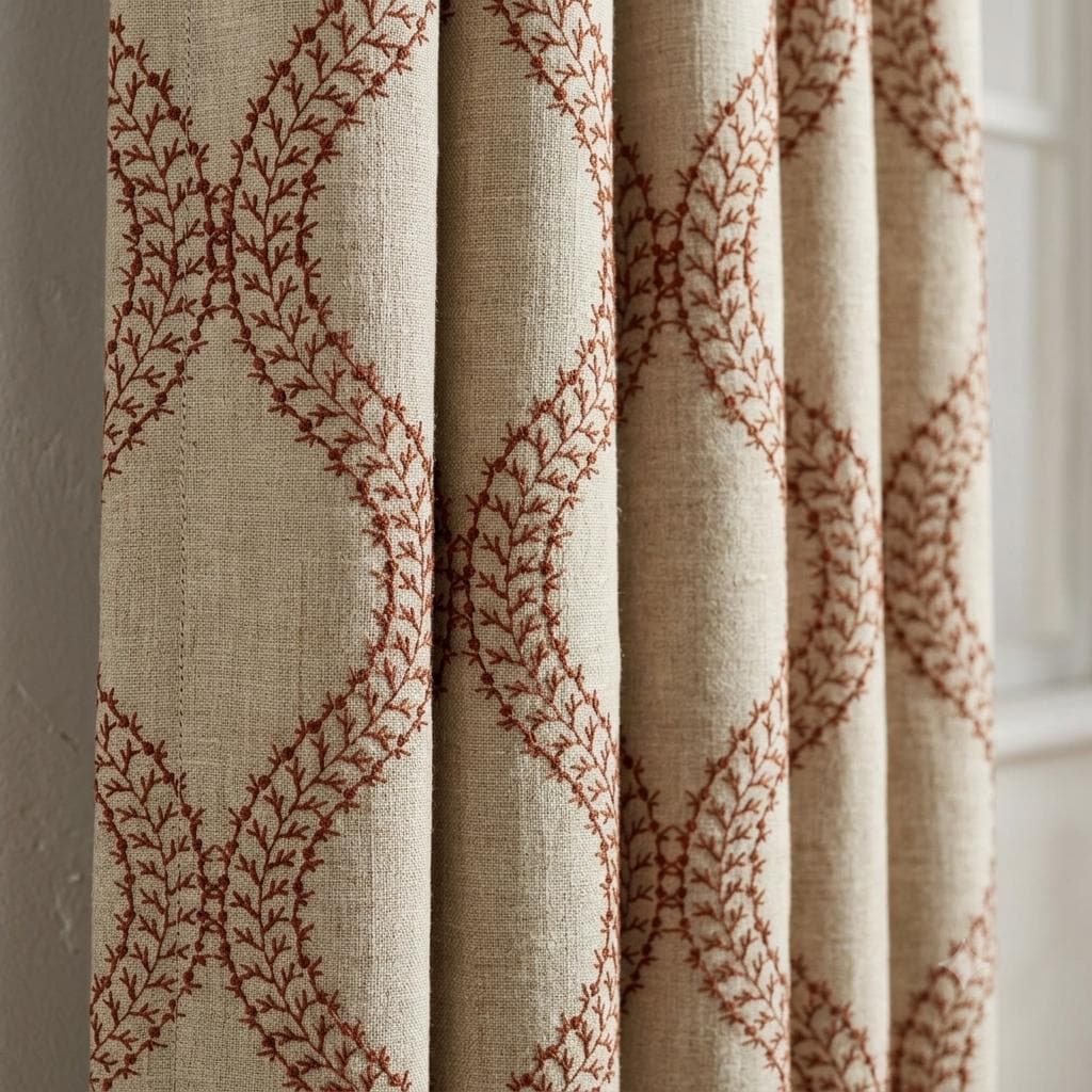 Natural Oatmeal Linen Curtains, Rust Vine Embroidered Trellis Drapes, Custom Blackout or Sheer Panels — image 1