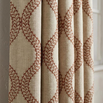 Natural Oatmeal Linen Curtains, Rust Vine Embroidered Trellis Drapes, Custom Blackout or Sheer Panels — image 1