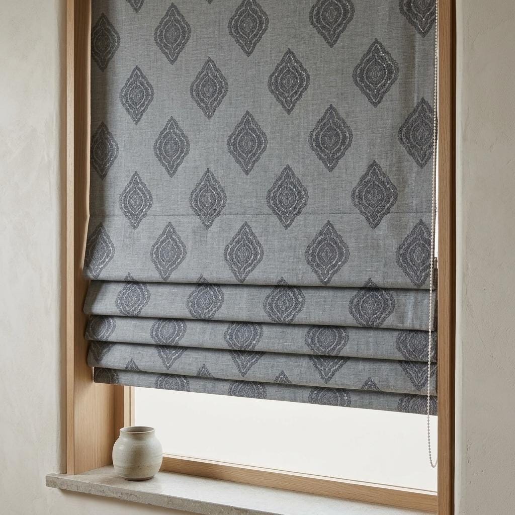 Slate Gray Linen Roman Shade, Charcoal Navy Damask & Silver Embroidered Custom Blind, Blackout or Light Filtering — image 3