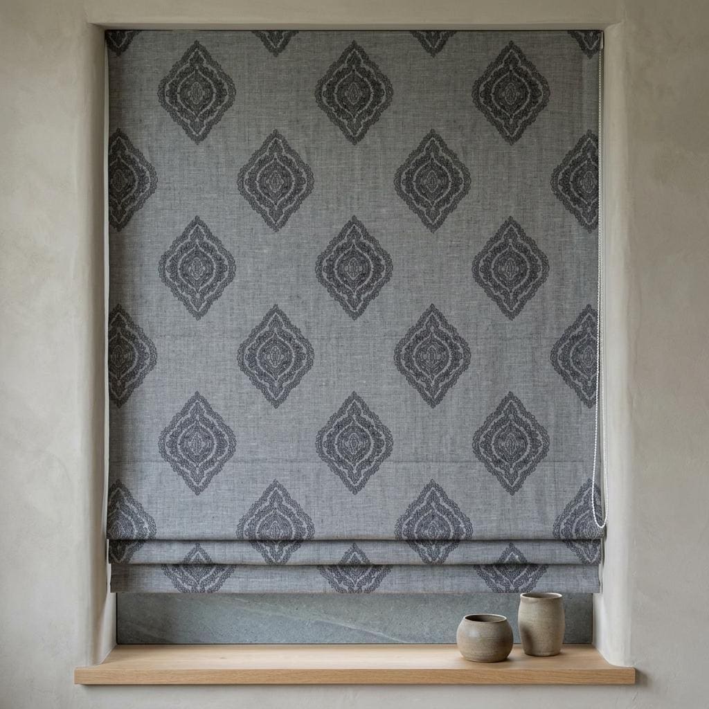 Slate Gray Linen Roman Shade, Charcoal Navy Damask & Silver Embroidered Custom Blind, Blackout or Light Filtering — image 2