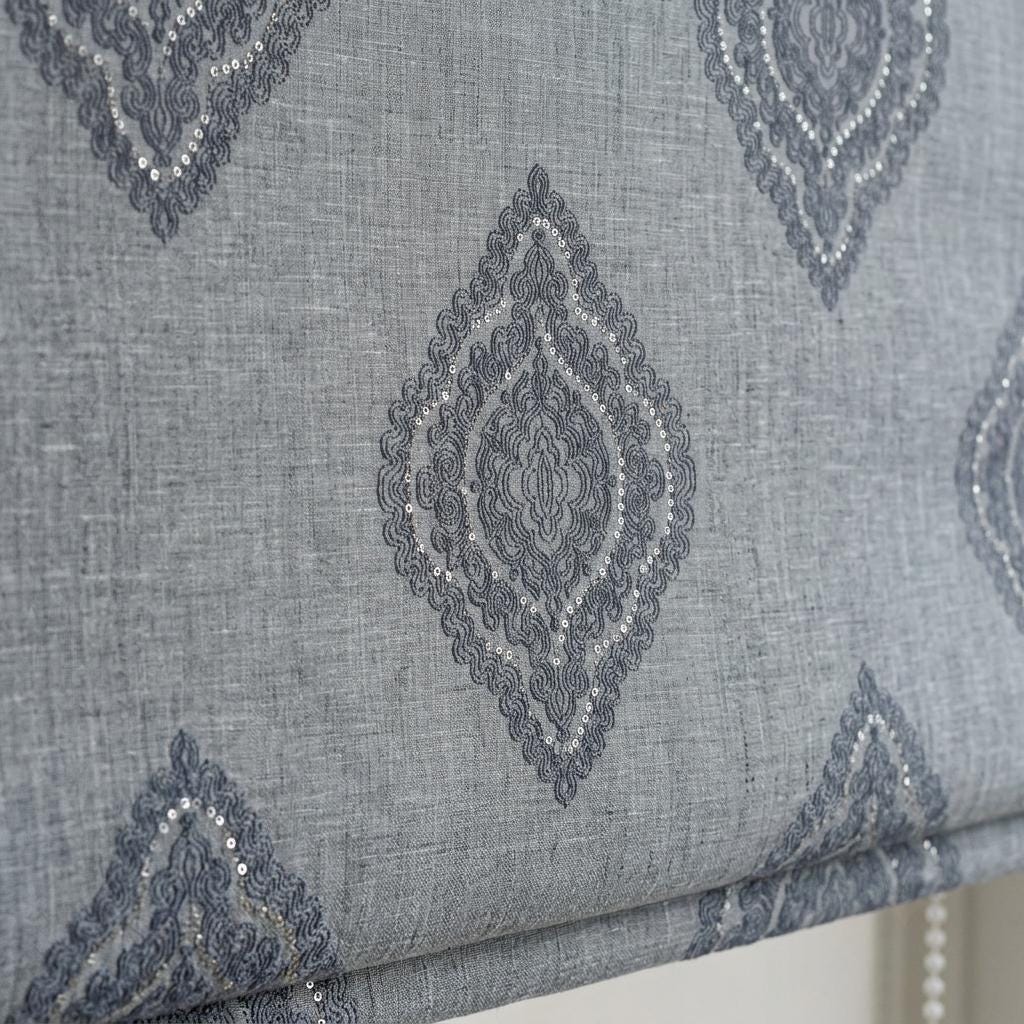 Slate Gray Linen Roman Shade, Charcoal Navy Damask & Silver Embroidered Custom Blind, Blackout or Light Filtering — image 4