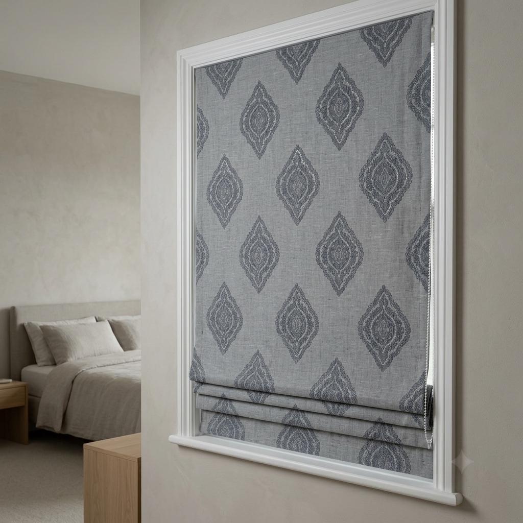 Slate Gray Linen Roman Shade, Charcoal Navy Damask & Silver Embroidered Custom Blind, Blackout or Light Filtering — image 6