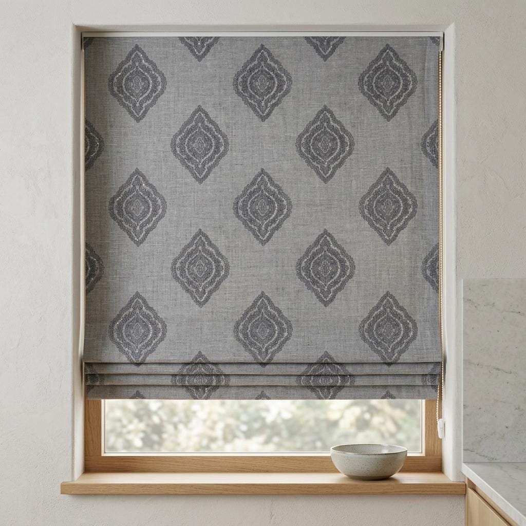 Slate Gray Linen Roman Shade, Charcoal Navy Damask & Silver Embroidered Custom Blind, Blackout or Light Filtering — image 8