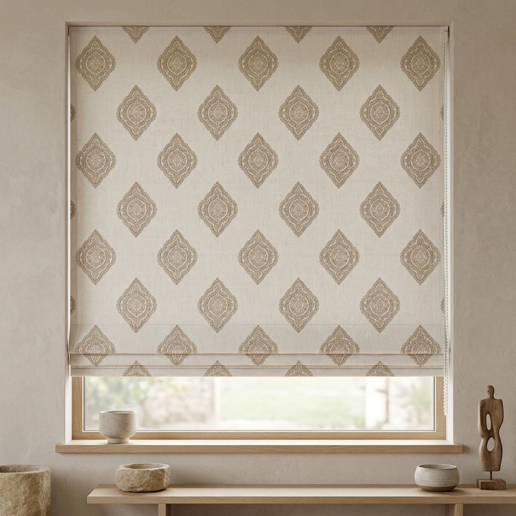 Ivory Linen Roman Shade, Taupe Beige Damask Embroidered Custom Blind, Blackout or Light Filtering Window Shade — image 1