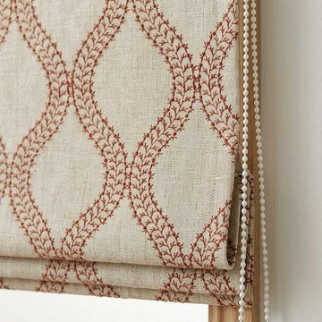 Custom Roman Shades, Oatmeal Rust Trellis Embroidered Linen Roman Blind, Blackout Corded Window Treatment, Farmhouse Blind — image 1